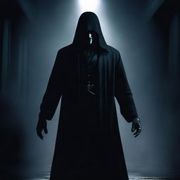 A menacing villain character standing in a dark, eerie setting