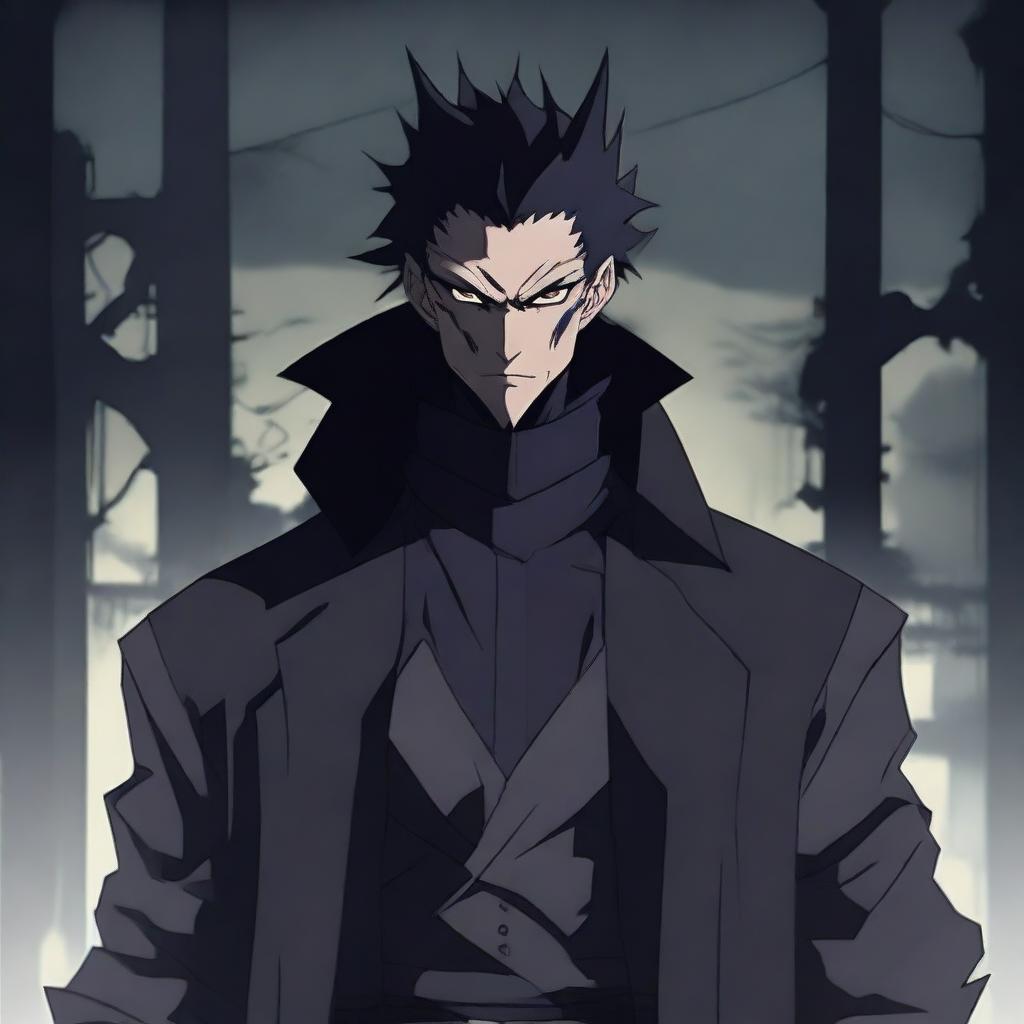 A menacing anime villain character standing in a dark, eerie setting