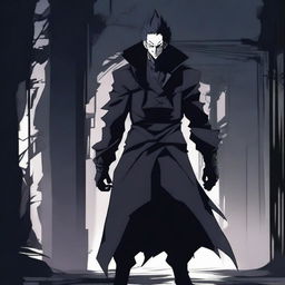 A menacing anime villain character standing in a dark, eerie setting