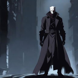 A menacing anime villain character standing in a dark, eerie setting