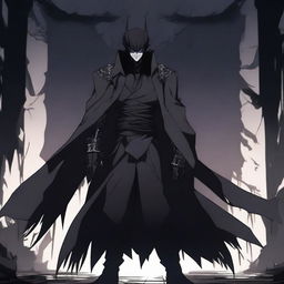 A menacing anime villain character standing in a dark, eerie setting