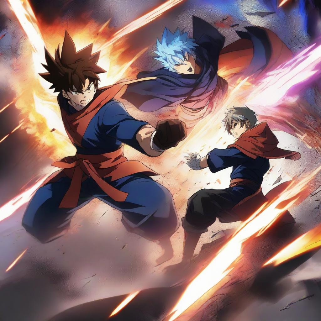 A dynamic anime fighting scene featuring two powerful characters clashing in an epic battle