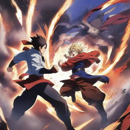 A dynamic anime fighting scene featuring two powerful characters clashing in an epic battle