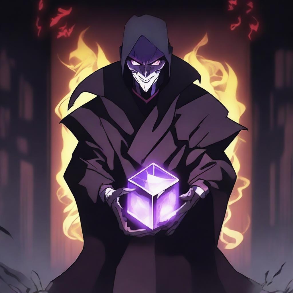 A menacing anime villain character standing in a dark, eerie setting, holding a glowing, powerful cube