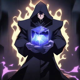 A menacing anime villain character standing in a dark, eerie setting, holding a glowing, powerful cube