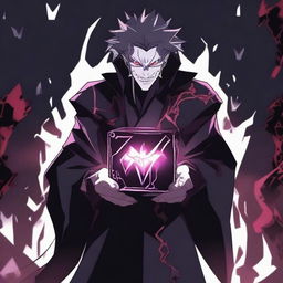 A menacing anime villain character standing in a dark, eerie setting, holding a glowing, devilish cube