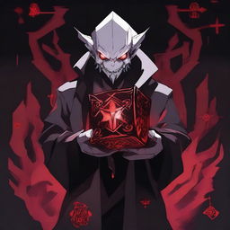 A menacing anime villain character standing in a dark, eerie setting, holding a glowing, devilish cube