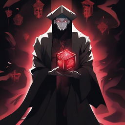 A menacing anime villain character standing in a dark, eerie setting, holding a glowing, devilish cube