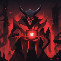 A sinister anime devil character standing in a dark, eerie setting, holding a glowing, devilish cube