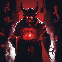 A sinister anime devil character standing in a dark, eerie setting, holding a glowing, devilish cube