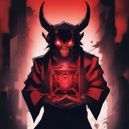 A sinister anime devil character standing in a dark, eerie setting, holding a glowing, devilish cube