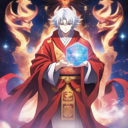 A powerful anime god character standing in a celestial setting, holding a glowing, devilish cube