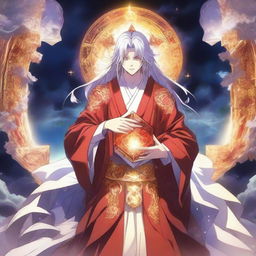 A powerful anime god character standing in a celestial setting, holding a glowing, devilish cube