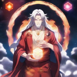 A powerful anime god character standing in a celestial setting, holding a glowing, devilish cube