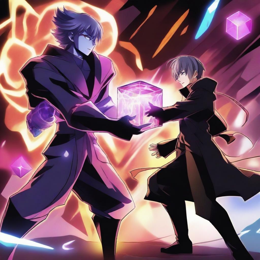 An intense anime battle scene featuring a heroic character and a villain fighting for a powerful, glowing cube