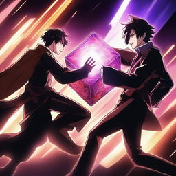 An intense anime battle scene featuring a heroic character and a villain fighting for a powerful, glowing cube