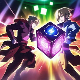 An intense anime battle scene featuring a heroic character and a villain fighting for a powerful, glowing cube