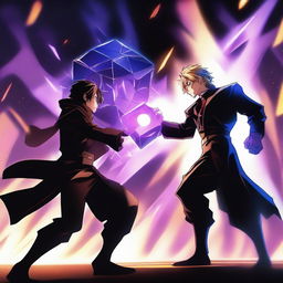 An intense anime battle scene featuring a heroic character and a villain fighting for a powerful, glowing cube