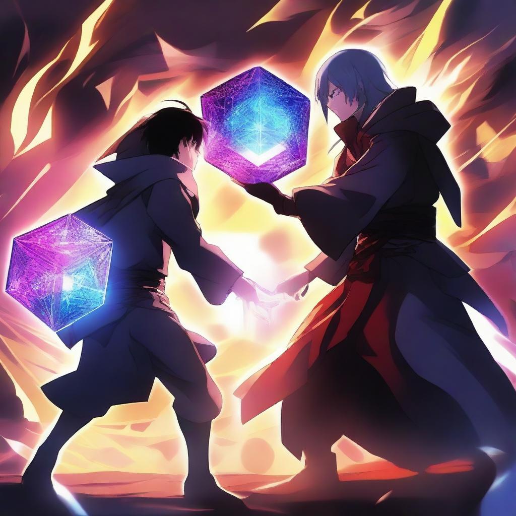 An epic anime battle scene featuring a brave hero and a terrifying villain fighting for a powerful, glowing cube