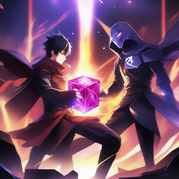 An epic anime battle scene featuring a brave hero and a terrifying villain fighting for a powerful, glowing cube