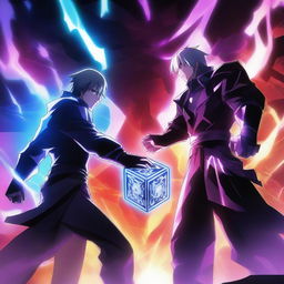 An epic anime battle scene featuring a brave hero and a terrifying villain fighting for a powerful, glowing cube