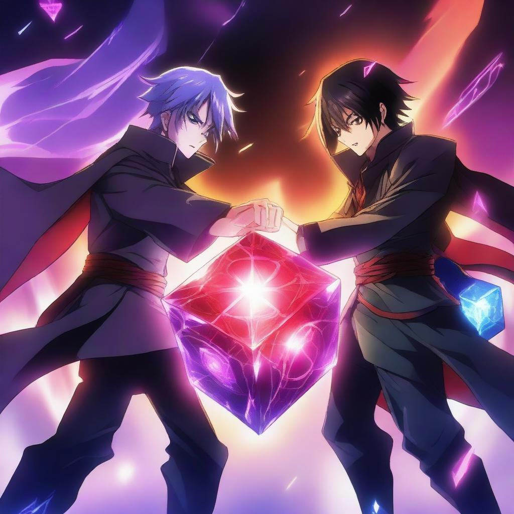 A dramatic anime battle scene featuring a brave hero and a terrifying villain fighting for a powerful, glowing cube