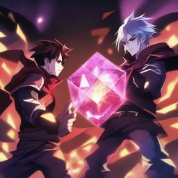 A dramatic anime battle scene featuring a brave hero and a terrifying villain fighting for a powerful, glowing cube