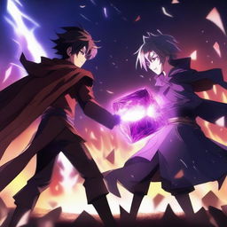 A dramatic anime battle scene featuring a brave hero and a terrifying villain fighting for a powerful, glowing cube