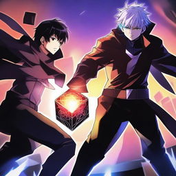 A dramatic anime battle scene featuring a brave hero and a terrifying villain fighting for a powerful, glowing cube