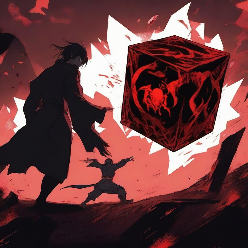 A climactic anime battle scene where a heroic figure triumphs over a sinister villain in a fight for the ominous Devil Cube