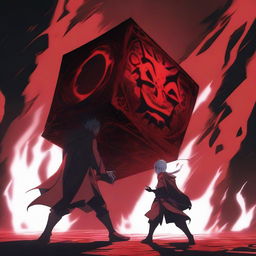 A climactic anime battle scene where a heroic figure triumphs over a sinister villain in a fight for the ominous Devil Cube