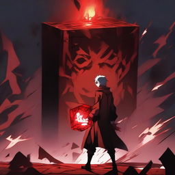 A dramatic anime scene where a heroic character has defeated a sinister villain in an intense battle for the Devil Cube