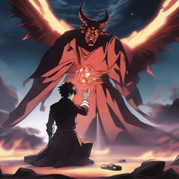 A dramatic scene where an anime hero stands triumphantly over a defeated villain, holding a glowing devil cube