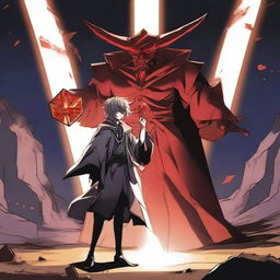 A dramatic scene where an anime hero stands triumphantly over a defeated villain, holding a glowing devil cube