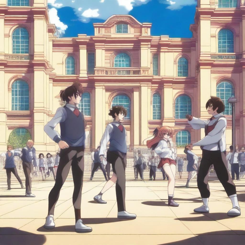 An anime scene depicting a school of heroes where young students are training to become legendary warriors