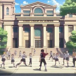 An anime scene depicting a school of heroes where young students are training to become legendary warriors