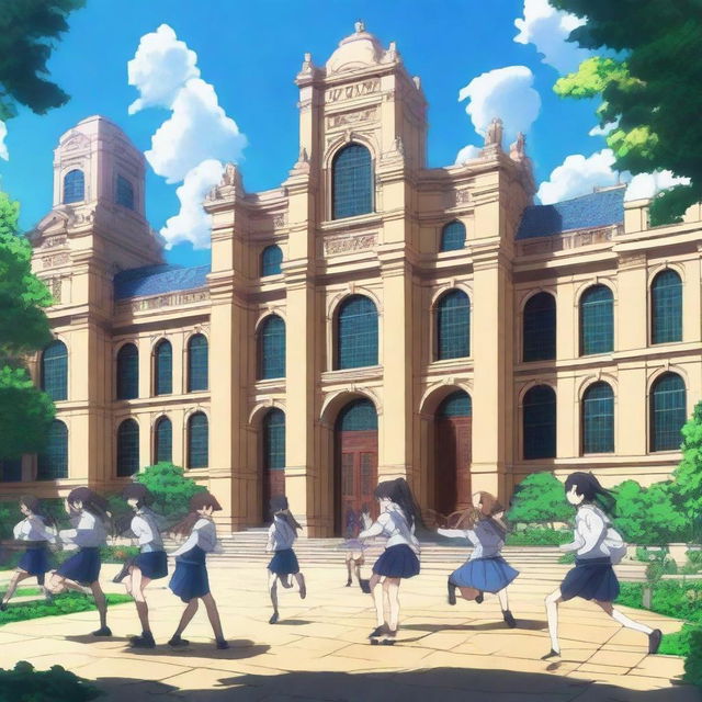 An anime scene depicting a school of heroes where young students are training to become legendary warriors