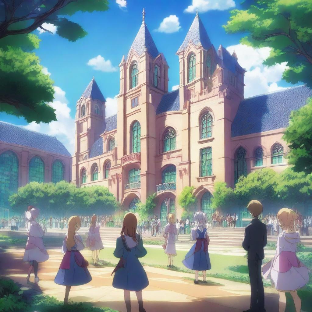 A vibrant scene of an anime school for magical heroes