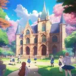 A vibrant scene of an anime school for magical heroes