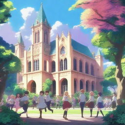 A vibrant scene of an anime school for magical heroes