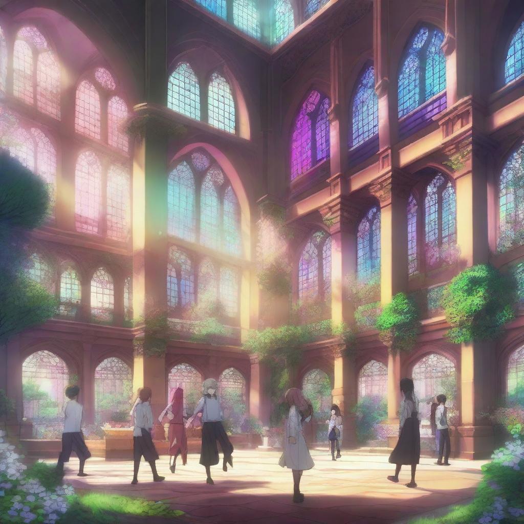 A vibrant scene of an anime school for magical heroes