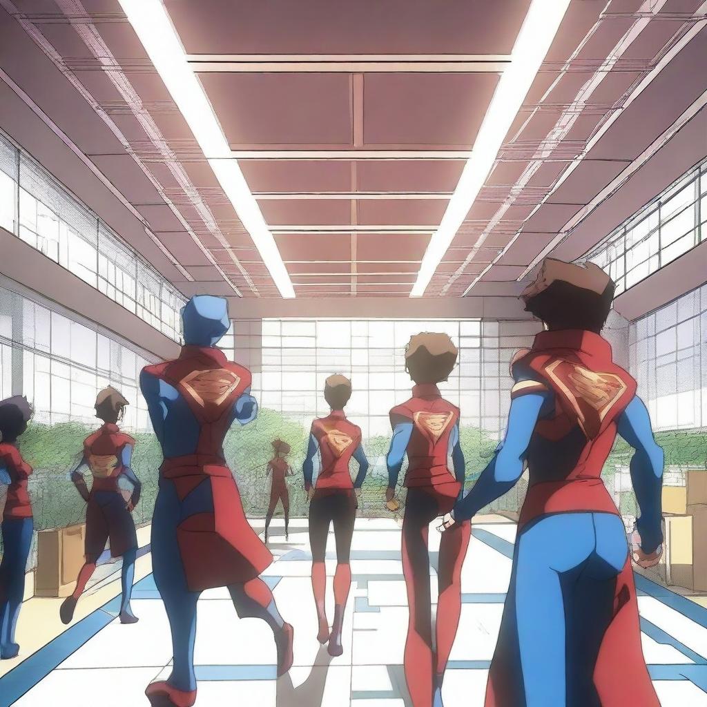 A dynamic scene of an anime school for superheroes