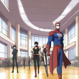 A dynamic scene of an anime school for superheroes