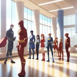 A dynamic scene of an anime school for superheroes