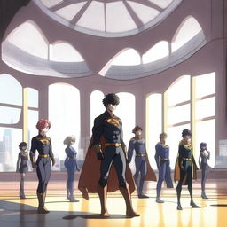 A dynamic scene of an anime school for superheroes