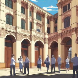 A lively scene of an anime school for heroes