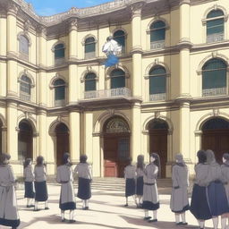 A lively scene of an anime school for heroes