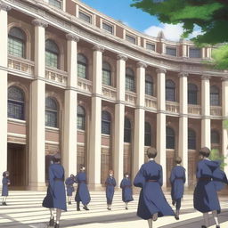 A lively scene of an anime school for heroes