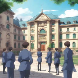 A lively scene of an anime school for heroes