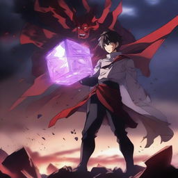 An anime scene where the hero has just won a fierce battle and obtained the devil cube